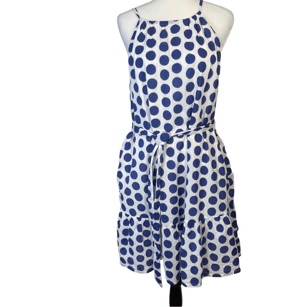 Boden White and Blue Halter Top Tiered Polka Dotted Cottagecore Mini Dress Sz 8